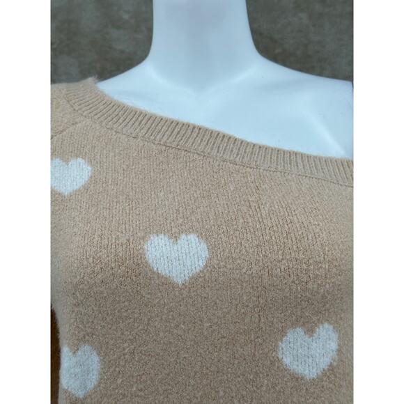 Lovers + Friends Sweater Womens Small Tan Cream Hearts Knit One Shoulder Plush - Picture 2 of 10